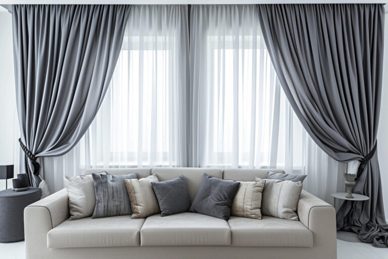 Blue and white layered curtains behind a sofa in a bright living room