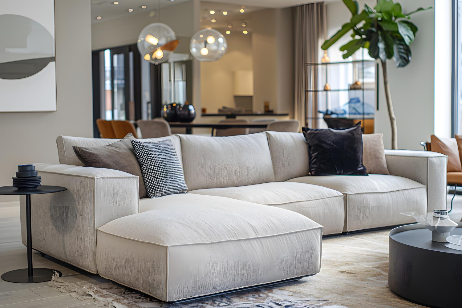 Beige L-shaped sofa with chaise in a contemporary lounge setup