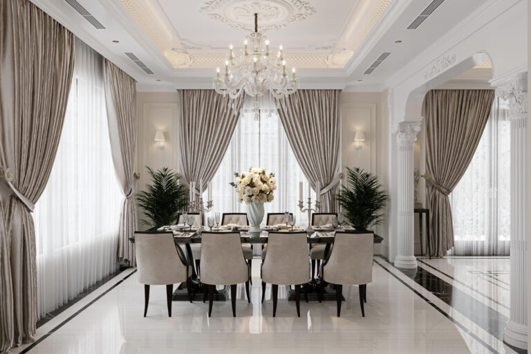 Elegant dining room with chandelier and floor-to-ceiling grey curtains