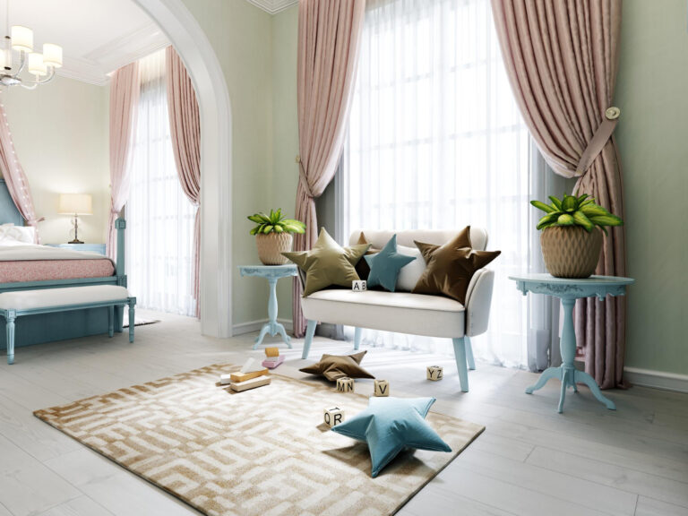 Soft pink curtains with white sheers in a kids-friendly living space